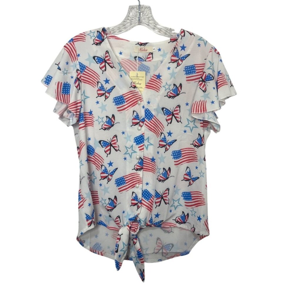 Roshop Patriotic Shirt Blouse Womens Small White Red Blue New Butterfly Flags